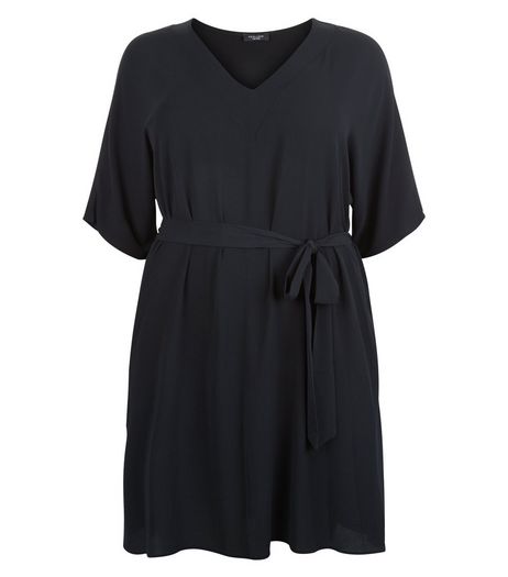 Curves Black Tie Waist V Neck Dress | New Look