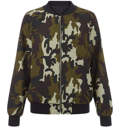 Khaki Sateen Camo Print Bomber Jacket | New Look