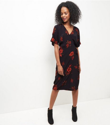 Black Floral Print Tie Waist Midi Dress | New Look