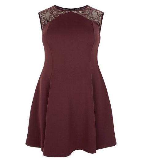 Curves Burgundy Lace Panel Skater Dress | New Look