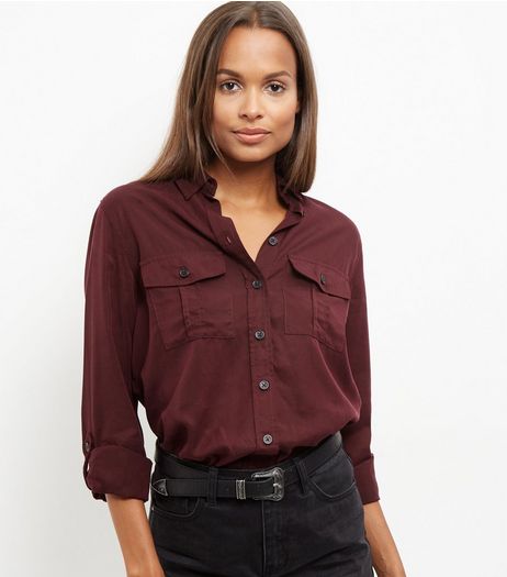 Burgundy Double Pocket Military Shirt | New Look