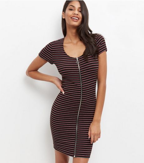 Black Ribbed Stripe Zip Front Bodycon Dress | New Look