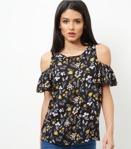 Black Floral Print Cold Shoulder T-Shirt | New Look