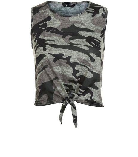 Teens Green Camo Print Tie Front Vest | New Look