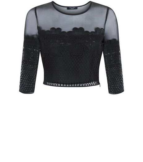 Petite Black Mesh Panel Lace Crop Top | New Look