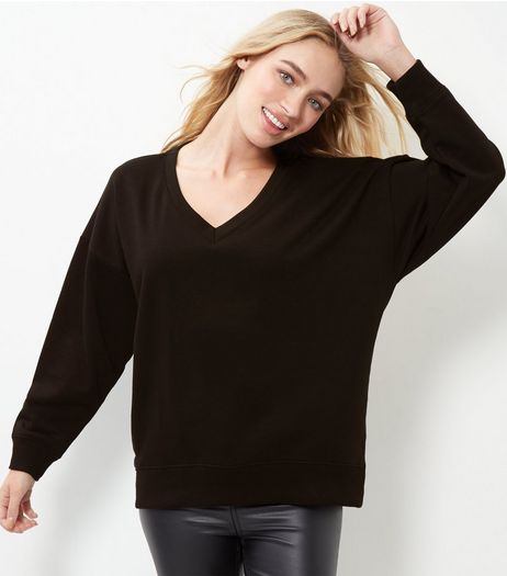 Black V Neck Balloon Sleeve Sweater | New Look