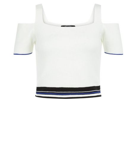 Teens White Stripe Trim Cold Shoulder Top | New Look