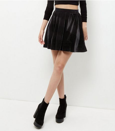 Black Velvet Skater Skirt | New Look