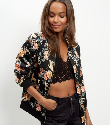Black Sateen Floral Print Bomber Jacket | New Look