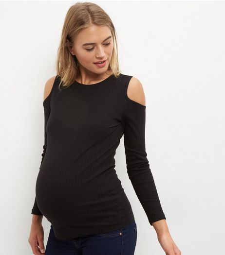 Maternity Black Ribbed Cold Shoulder Top | New Look