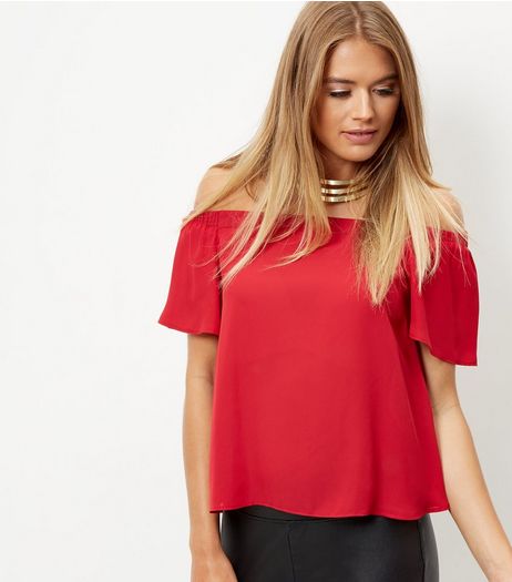 Dark Red Bardot Neck Frill Sleeve Top | New Look