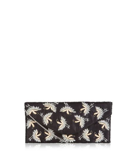 Black Bird Print Embroidered Envolope Clutch | New Look