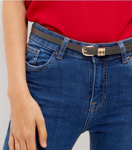 Black Gold Trim Skinny Belt | New Look
