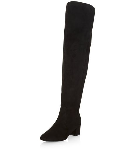Wide Fit Black Suedette Block Heel Over The Knee Boots | New Look