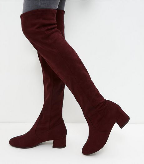 Wide Fit Red Suedette Block Heel Over The Knee Boots | New Look