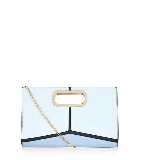 Blue Geo Panelled Metal Handle Clutch | New Look