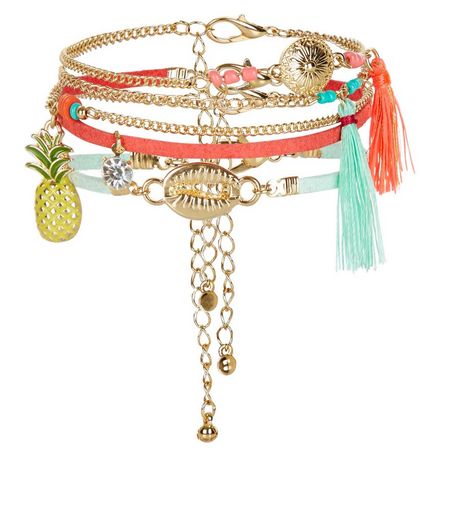 5 Pack Multicoloured Tassel Pineapple Bracelets | New Look