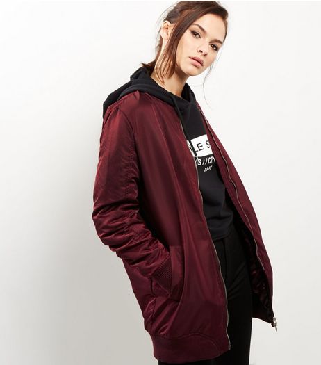 Blue Vanilla Burgundy Longline Bomber Jacket | New Look