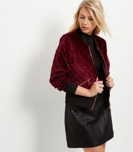 Blue Vanilla Dark Red Velvet Quilted Bomber Jacket | New Look