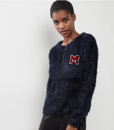 Blue Vanilla Navy Eyelash M Badge Embroidered Cardigan | New Look