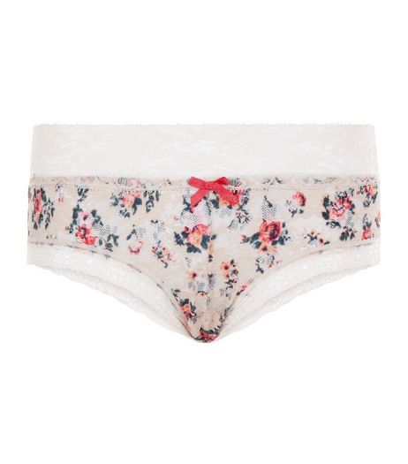 White Floral Print Lace Trim Briefs | New Look