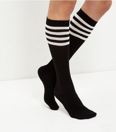 Black Stripe Trim High Knee Socks | New Look