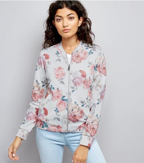 White Scuba Floral Print Bomber Jacket | New Look