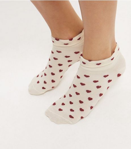Cream Heart Print Trainer Socks | New Look