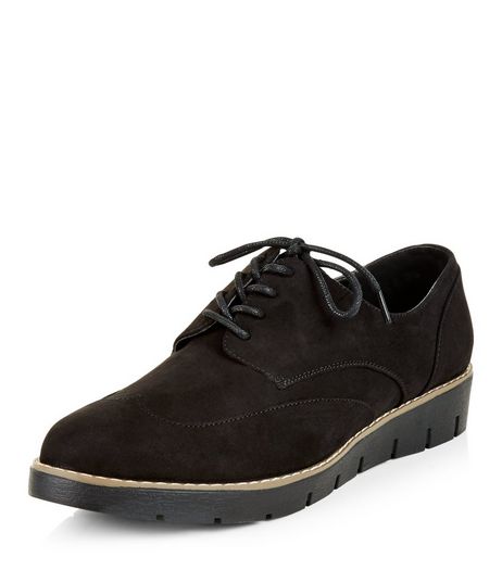 Black Lace Up Stitch Trim Brogues | New Look