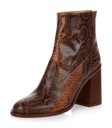 Stone Premium Leather Snakeskin Print Block Heel Ankle Boots | New Look