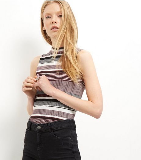 Red Fine Knit Stripe Funnel Neck Sleeveless Top | New Look