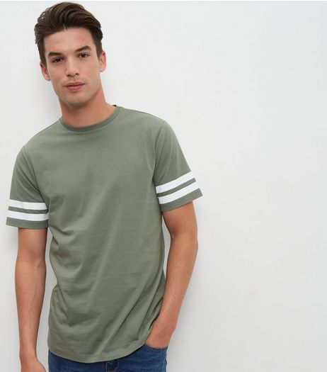 Olive Green Stripe Sleeve T-Shirt | New Look