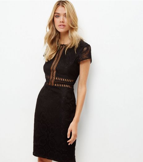 Black Lace Mesh Panel Bodycon Dress | New Look