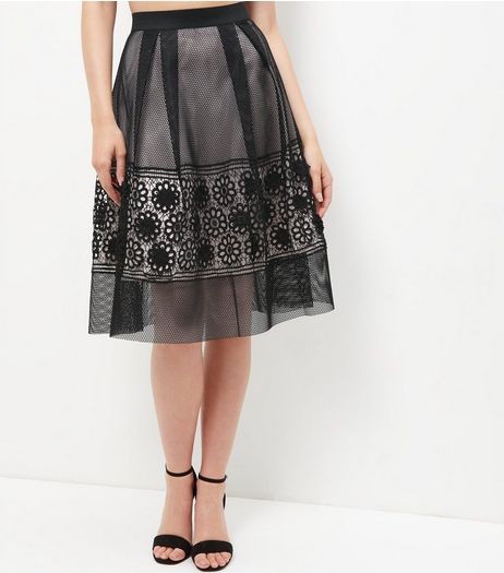 Black Premium Mesh Floral Panel Midi Skater Skirt | New Look