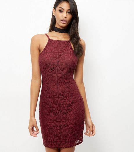 Burgundy Lace High Neck Bodycon Dress | New Look