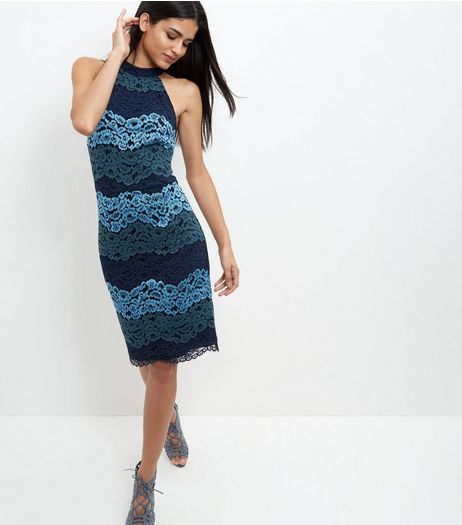 Blue Premium Stripe Lace High Neck Midi Dress | New Look