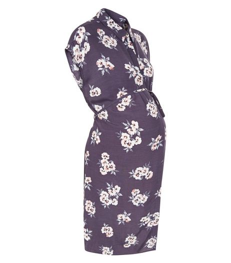 Maternity Purple Floral Print Shirt Dress | New Look