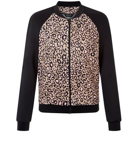 Teens Black Leopard Print Colour Block Bomber Jacket | New Look