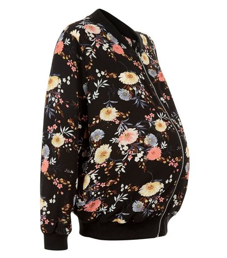 Maternity Black Floral Print Bomber Jacket | New Look