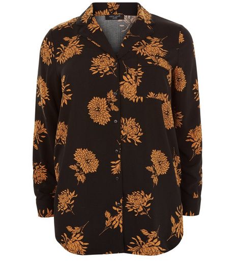 Curves Black Floral Print Pyjama Shirt | New Look