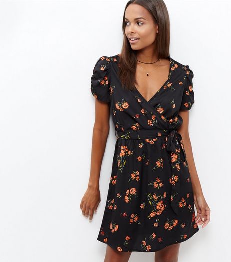 Black Floral Print Wrap Front Dress | New Look