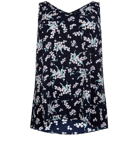 Curves Blue Floral Print V Neck Shell Top | New Look