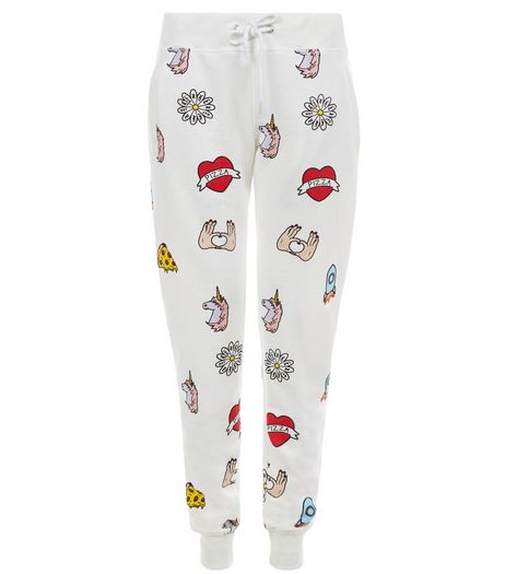 Heartbreak White Emoji Print Drawstring Joggers | New Look