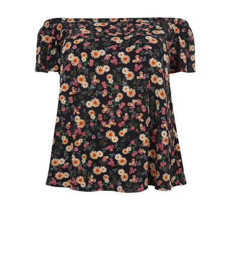 Curves Black Floral Print Bardot Neck Top | New Look