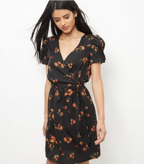 Tall Black Floral Print Wrap Front Dress | New Look