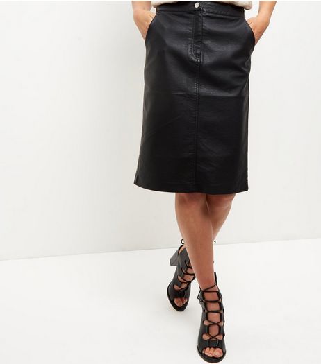 Black Leather-Look Midi Skirt | New Look