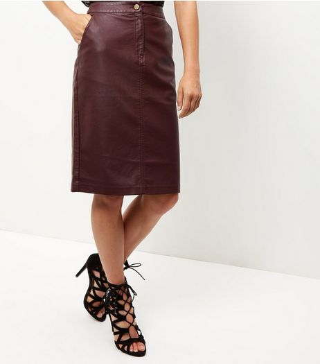 Burgundy Leather-Look Zip Front Midi Skirt | New Look