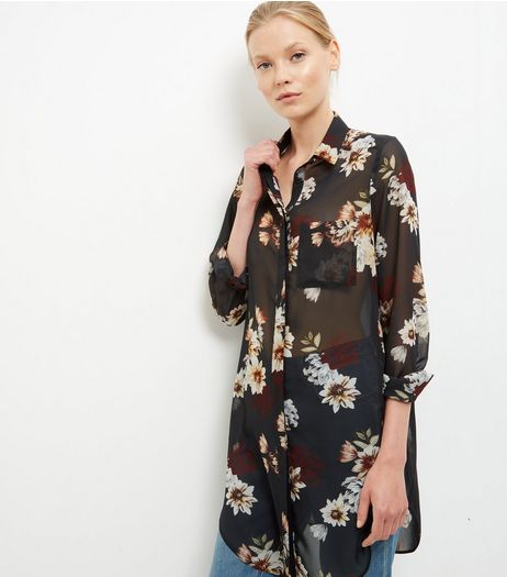 Black Flower Print Chiffon Shirt | New Look