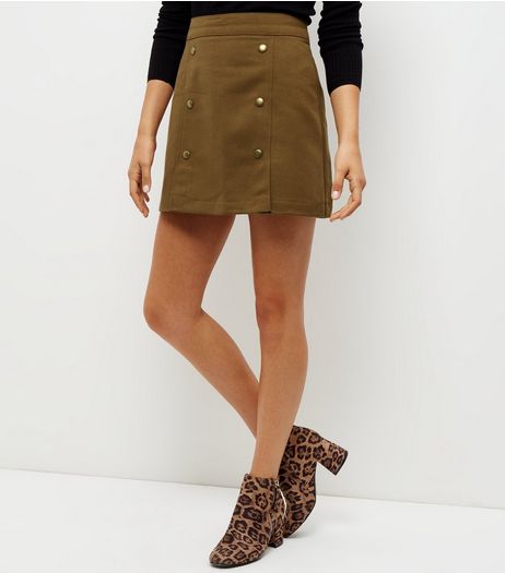 Olive Green Button Front A-Line Skirt | New Look