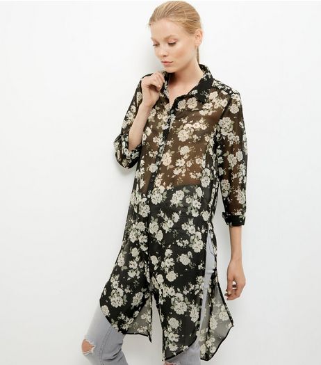 Black Chiffon Floral Print Longline Shirt | New Look